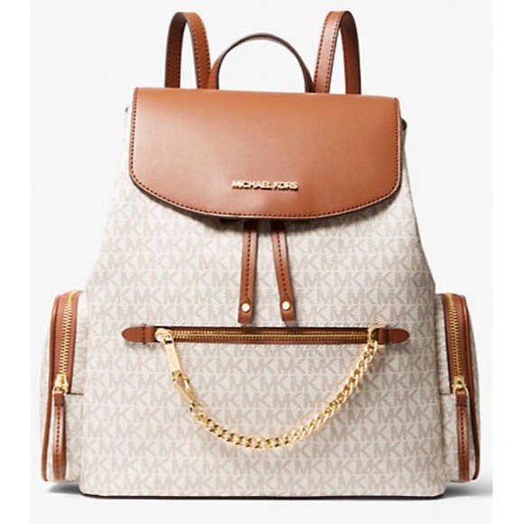 MICHAEL KORS Jet Set Large MK Logo Backpack Vanilla Brown Chain Leather NWT - Picture 1 of 4